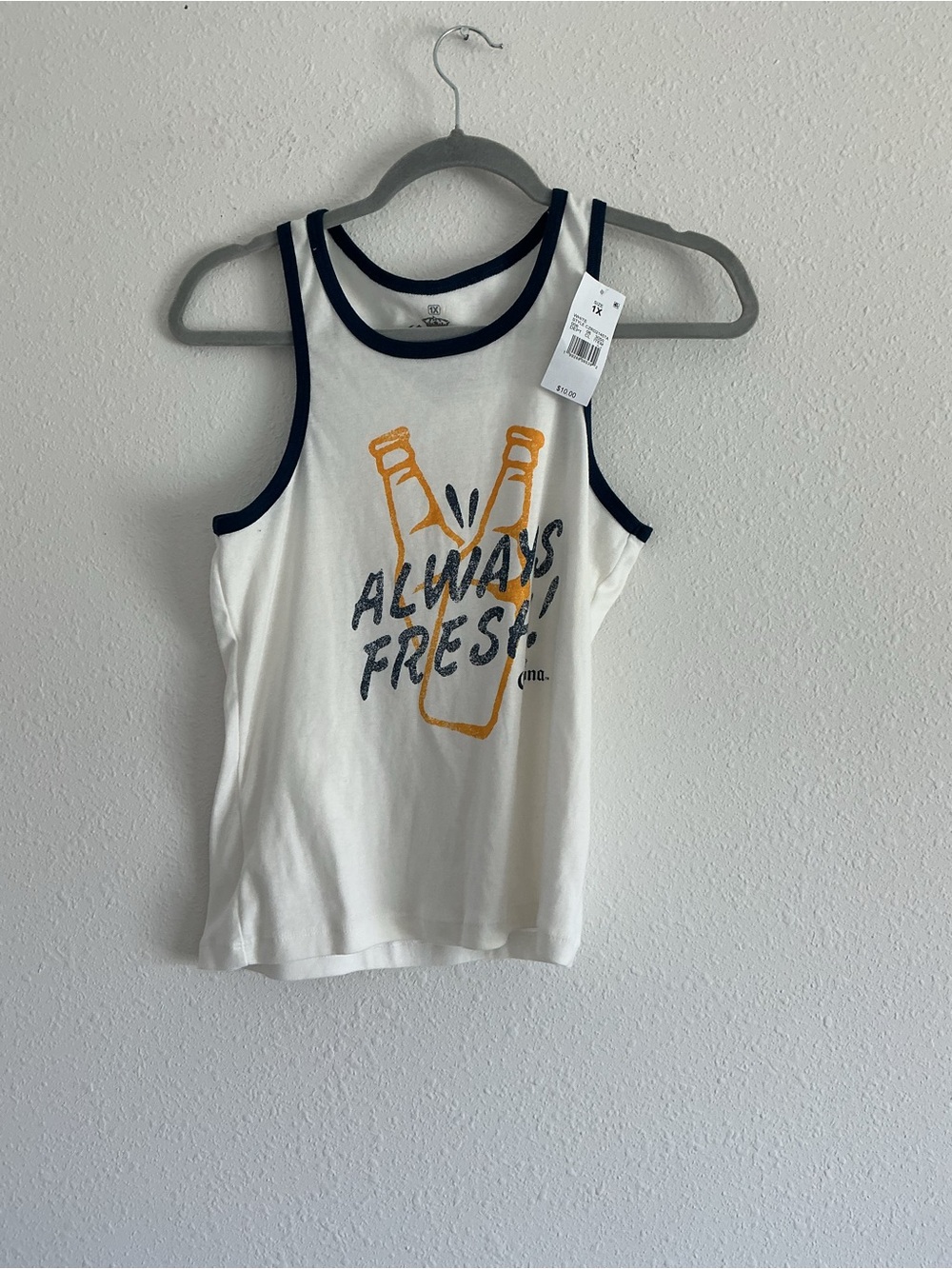 Women's White Tank Top with Navy Trim and Yellow Graphic